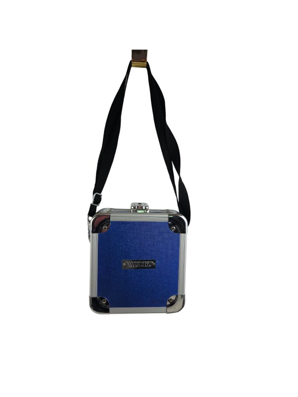 Vaultz Locking CD Wallet Hard Case Blue Silver Adjustable Shoulder Strap Keys